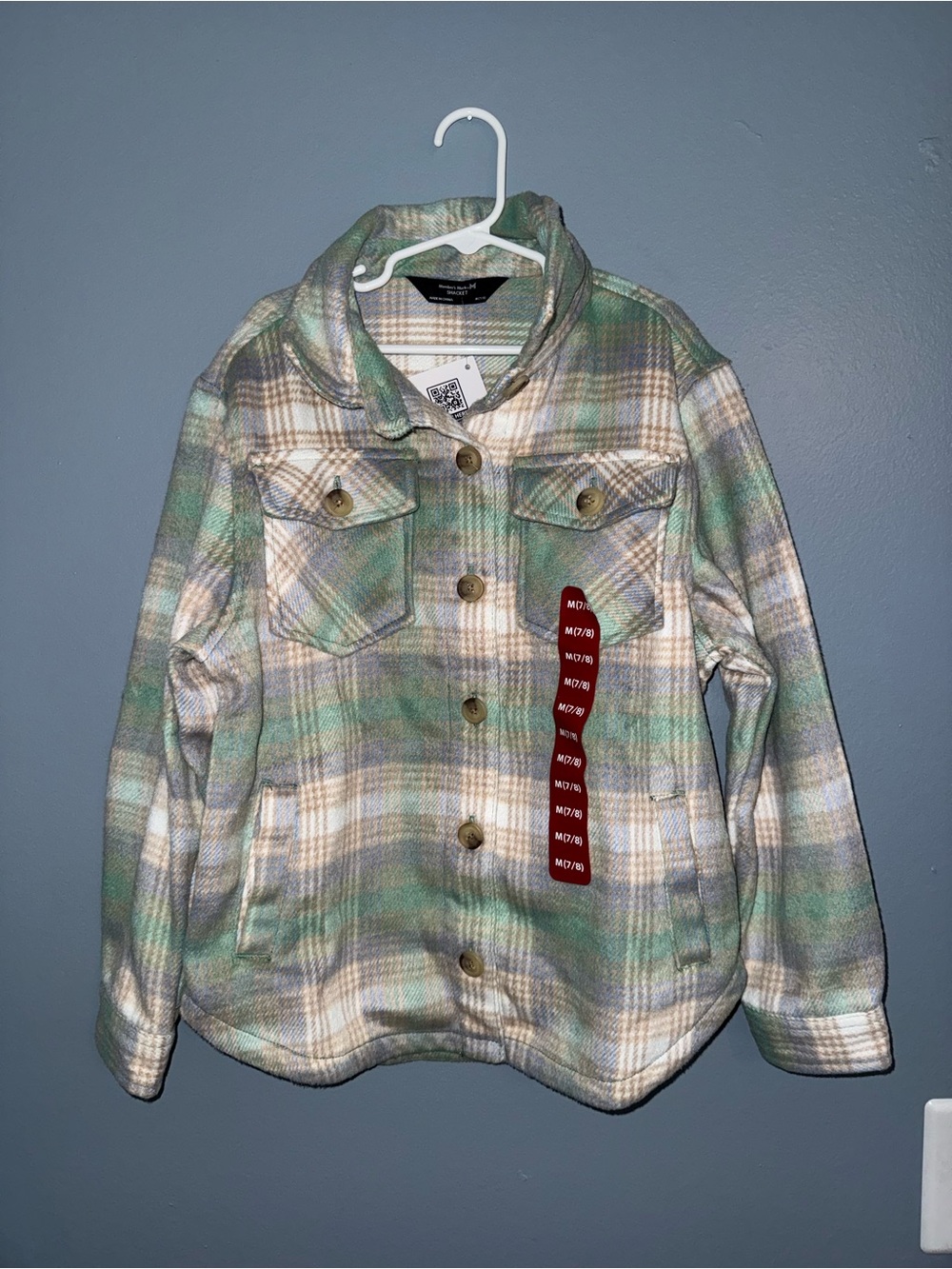 Kids Plaid  Shacket Jacket - Sage Green & Cream 7/8